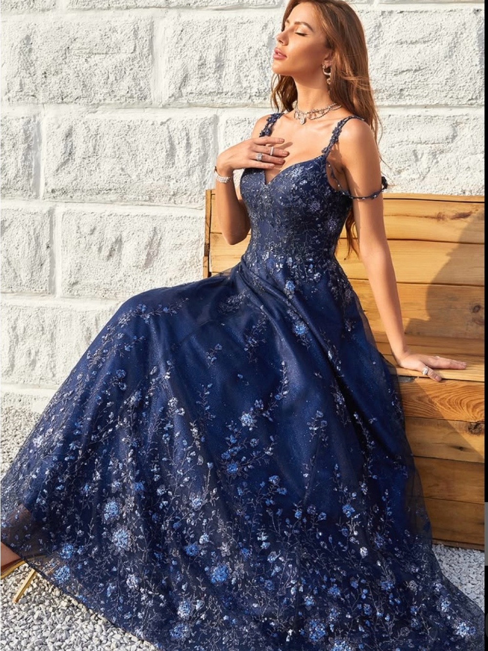 Navy Blue Floral Embroidered Gown